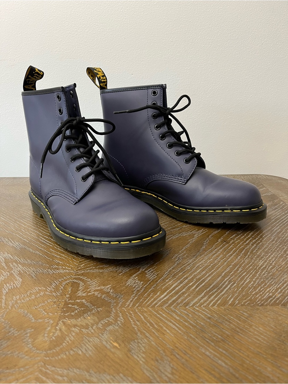 Dr. Martens Navy 8-Eye Leather Boots with Yellow Stitching Mens 10/ Women’s 11